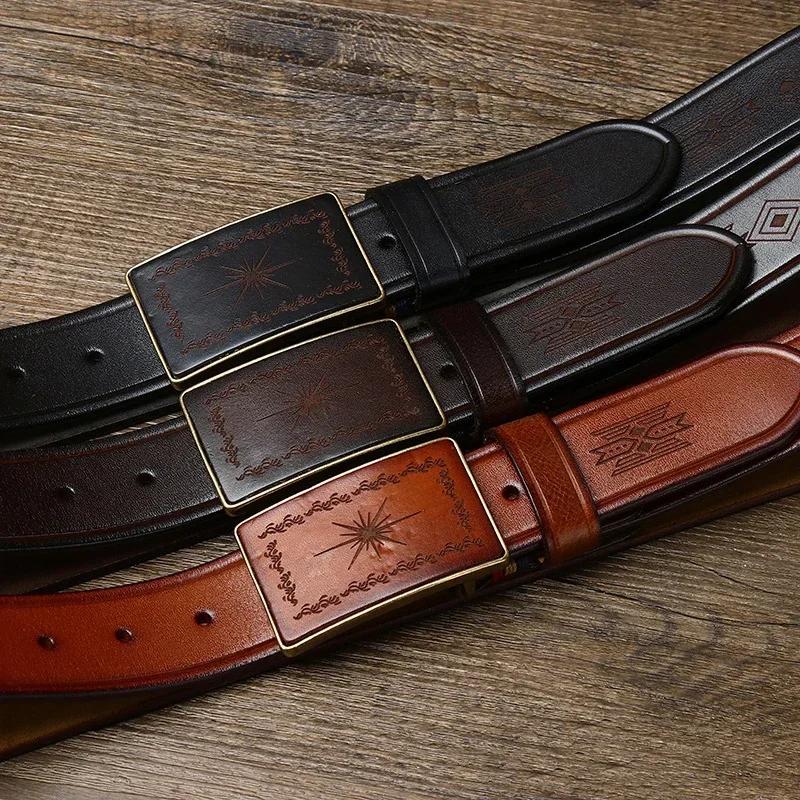 3.8CM Men High Quality Genuine Leather Belt Laser Engraving Brass Smooth Buckle Belts Pure Cowskin Strap Male Jeans for Man