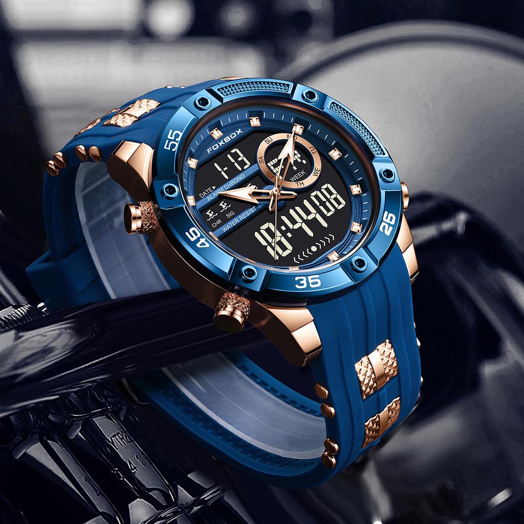 FOXBOX Top Luxury Quartz Wrist Watch For Men Business Steel Waterproof Sports Dual Display Military LED Digital Watches+Box