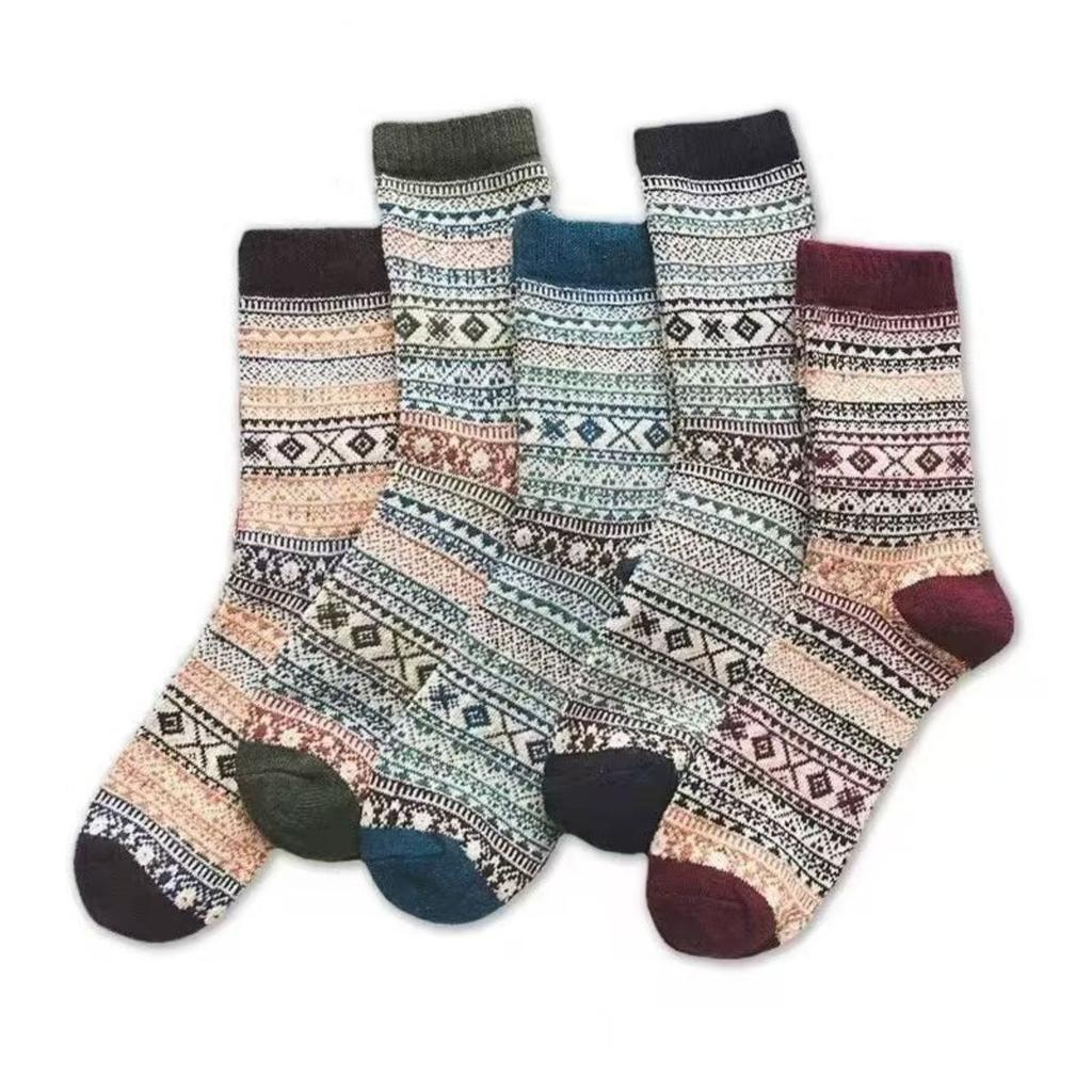 Socks, Plush Socks, Men's, Ethnic Style, Warm Socks, Mid Length Socks, Striped Socks, Coral Fleece Socks