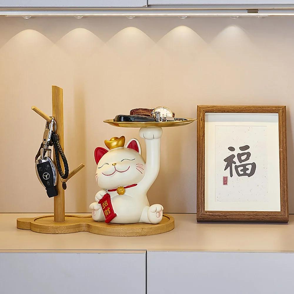 Home Decor Lovely Maneki Neko Figurines Modern Style Living Room Table Ornament Lovely Lucky Cat Storage Tray Miniature Crafts