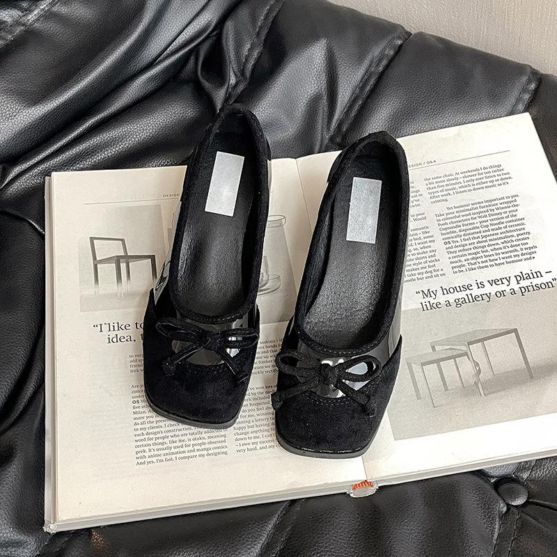 French Bow Thick Heel One Pedal High Heels Autumn Ballet Shoes Bag Head Small Leather Shoes Women Mary Jane Single Shoes