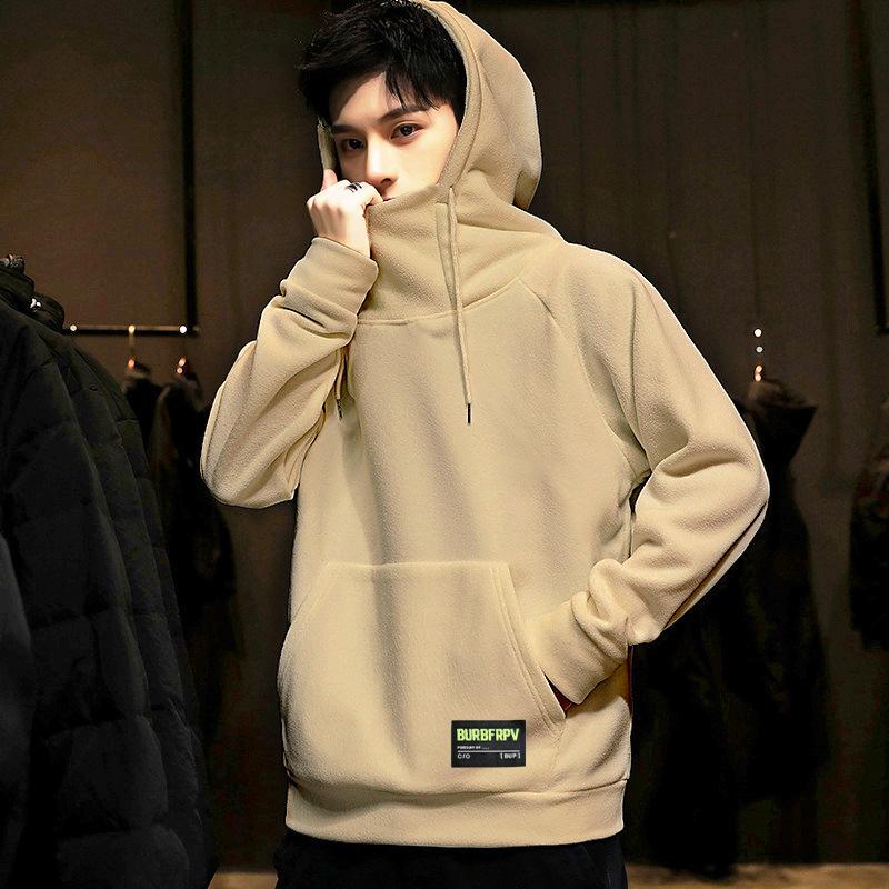 Men's Autumn and Winter Padded and Thickened High Neck Sweatshirt Solid Color Warm Hooded Loose Bottom Shirt