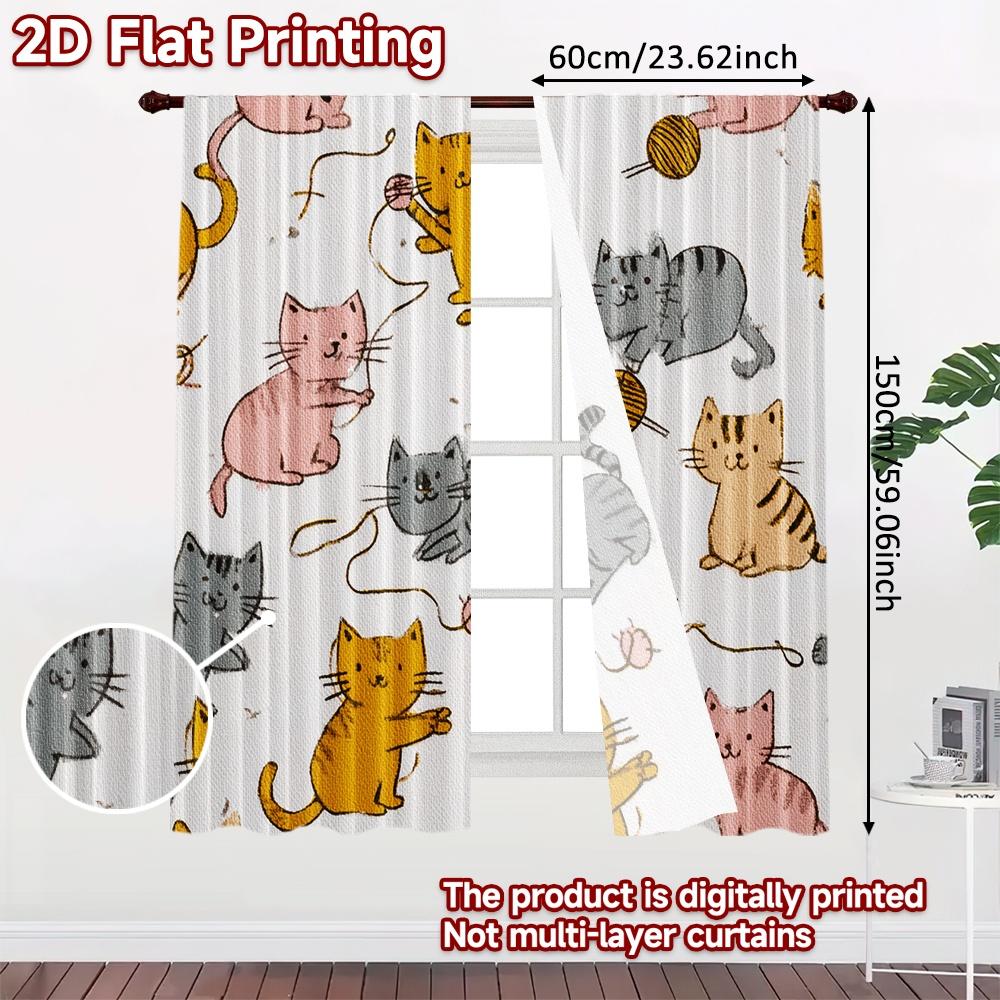 2pcs, 2D FLAT PRINTING Curtains (Without Rod) Cat Pattern Art Christmas Holiday Curtains with Digital Printing Durable Polyester