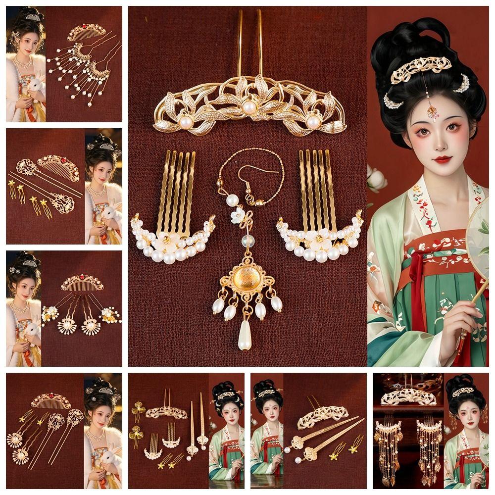 1 Set Pearl Tang Dynasty Hairpin Classical Flower Hair Comb Vintage Ancient Hair Stick  Women