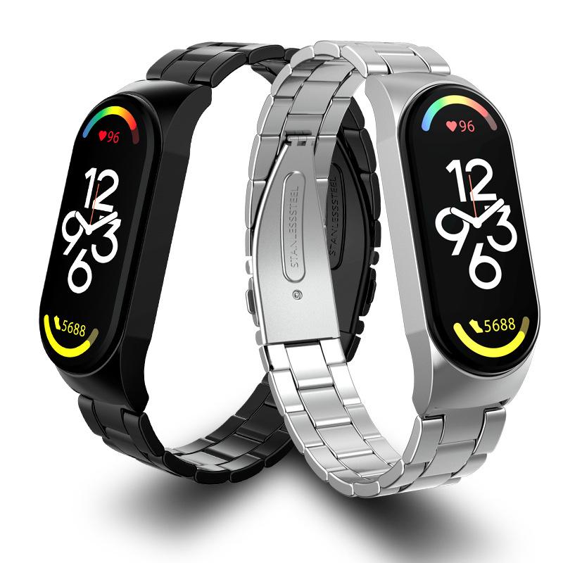 Xiaomi Band 7 Compatible Three-Bead Solid Stainless Steel Wristband Strap