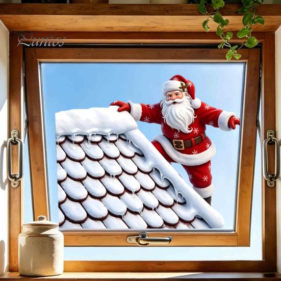 Christmas Window Clings Climbing Santa Cling, Roof Claus Static Waterproof Stickers Decal, Reusable Decorative Glass Sticker for Holiday Party Decor