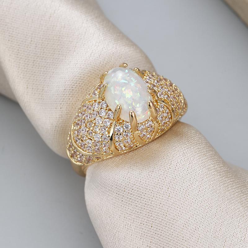 Aesthetic Inlaid Imitation Opal White CZ Women's Ring Sparkling Gold Color Geometry Daily Wear Party Jewelry Anniversary Gift