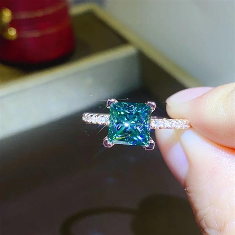 Rose Gold Princess Cut Green Moissanite Ring with AU750 Rose Gold Plating and Certificate