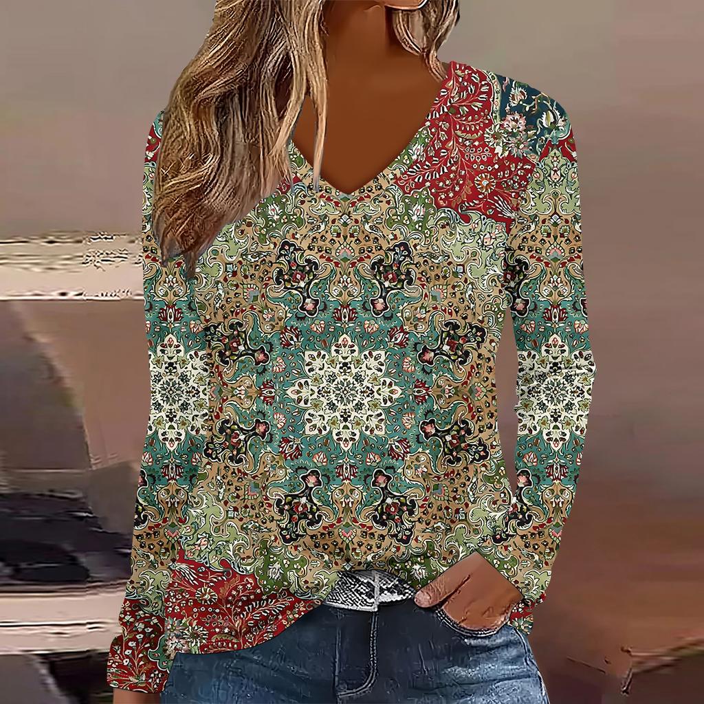 Europäische und amerikanische Mode 2025 Damen Elegantes V-Ausschnitt Langarm T-Shirt