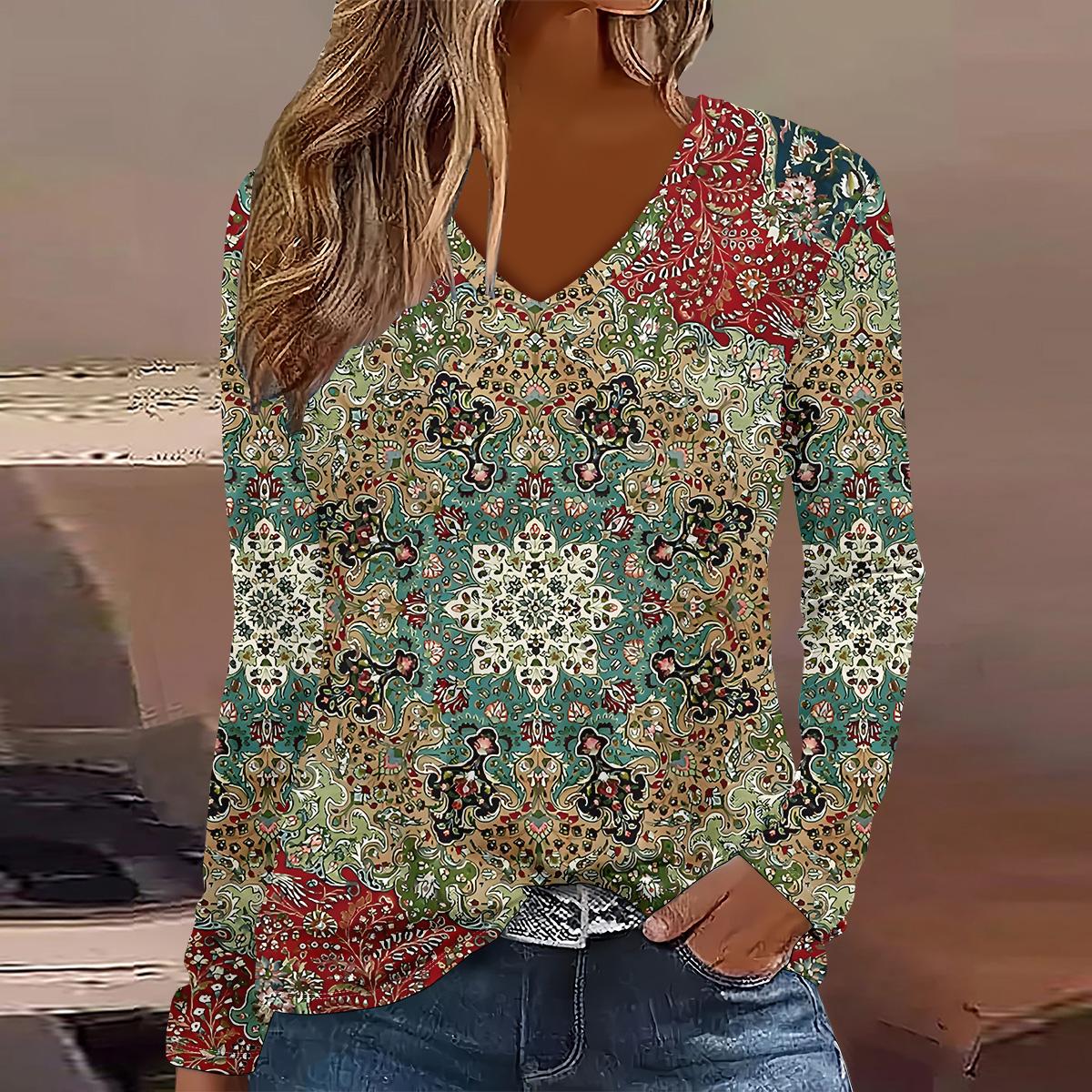 

Европейская и американская мода 2025 Женская элегантная футболка с V-образным вырезом и длинным рукавом 3XL