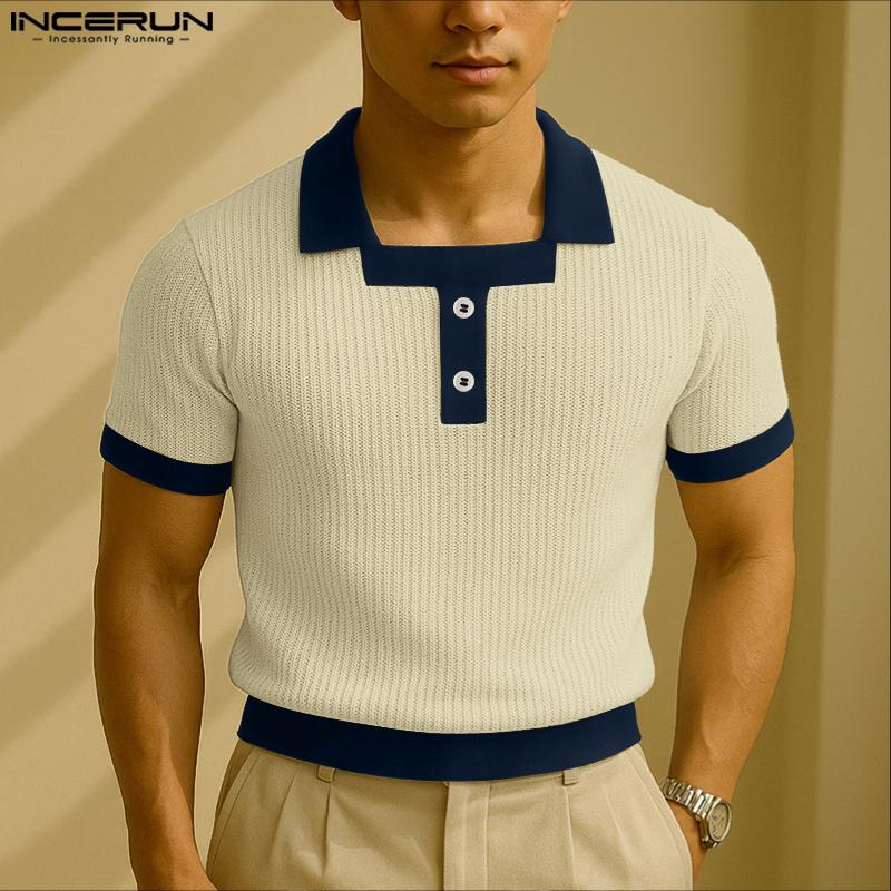 INCERUN Men Stitching Square Neck Short Sleeve Casual Woke Wear Rib T-shirts Tops