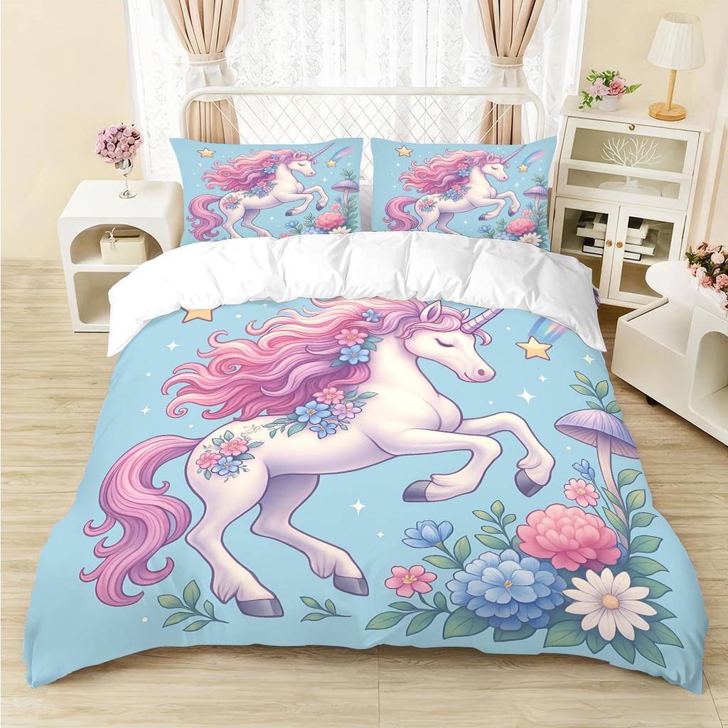 3-piece set of dreamy unicorn print 1 down duvet cover+2 pillowcases no core. Soft and comfortable machine washable