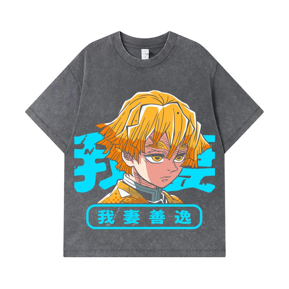 275 GSM Washed T-shirts 100% Cotton Demon Slayer V100 Zenitsu Print Unisex Heavy Cotton T Shirt