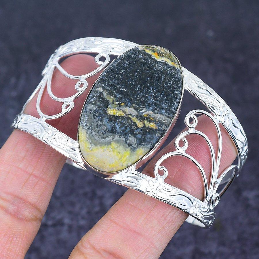 Natural Bumble Bee Jasper Gemstone 925 Sterling Silver Cuff Bangle Adj s3w24