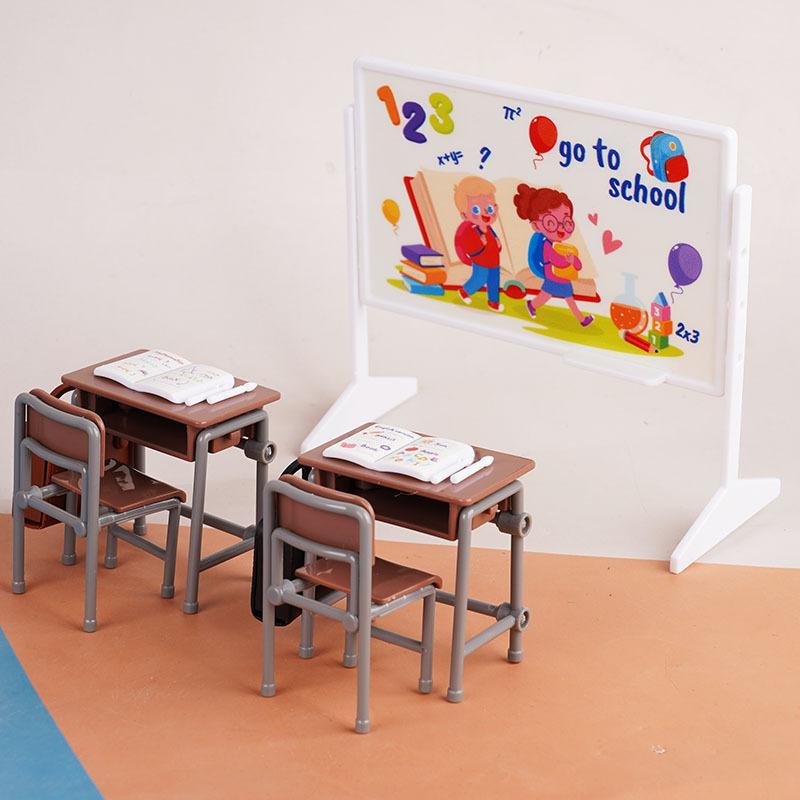 1 Set Classroom Decor Toy 1:12 Dollhouse Miniature Desks Chairs Blackboards Books Schoolbags Model Doll House Accessories