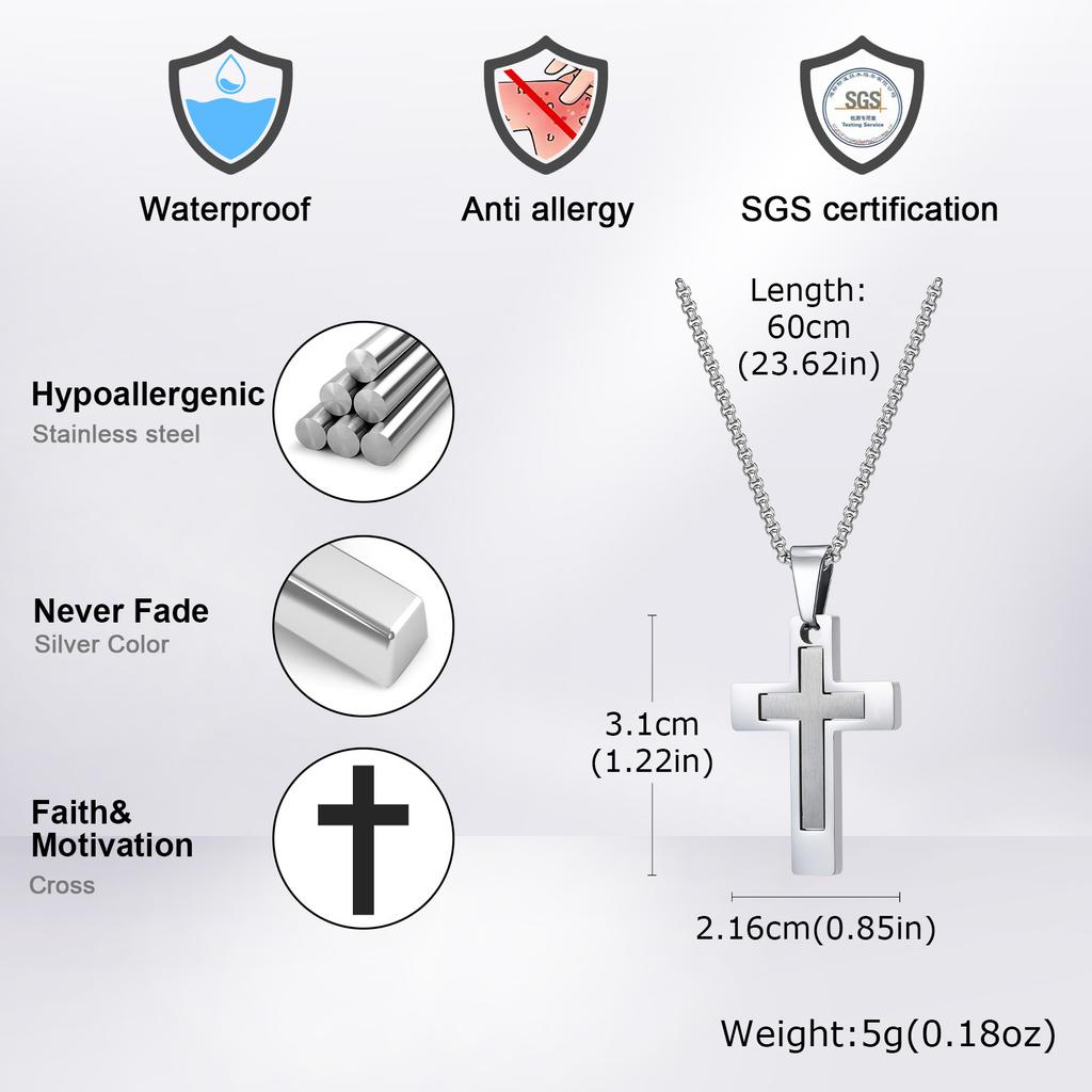 Cross Pendant Necklaces for Men Boys,Waterproof Stainless Steel Necklace,Christian Religious Faith Prayer Zircon Gift