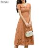Women Casual V-Neck Short Sleeve Hollow Lace Patchwork Elegant Dress