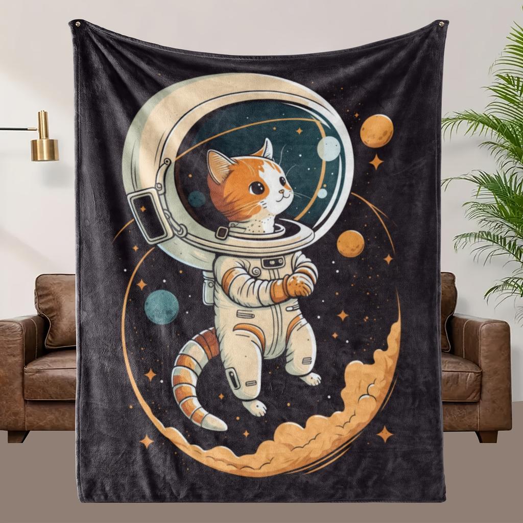 1pc Space Cat Astronaut Print Flannel Blanket - Soft Breathable Polyester, All-Season Cozy Gift for Family & Friends, Machi
