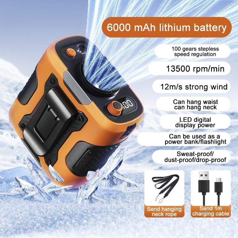 6000mAh High Speeds Outdoor Portable Waist Fan Hanging Neck Fans Multifunctional Strong Wind For Sports Courier Outdoor Working