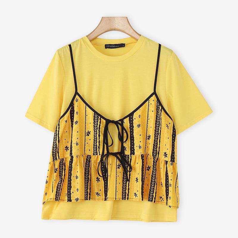 

ZANZEA Женская повседневная футболка с круглым вырезом, принтом и пэчворком, с коротким рукавом 5XL жёлтый