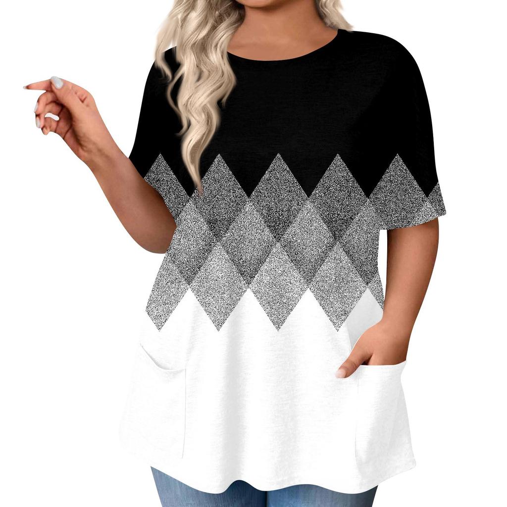 Damen Übergröße Tops Kurzarmshirts Rundhals Bedruckt Lässig Taschen Kleidung Kleidung Tops