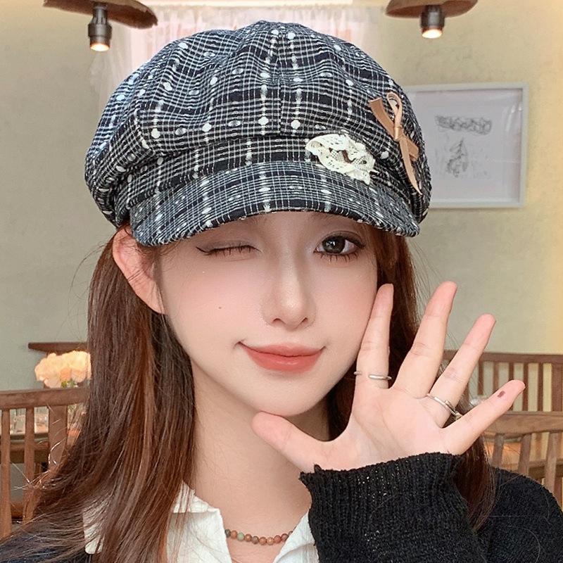 Korean Version of Autumn Love Lace Bow Plaid Bere Hat Women's Sweet Literary Versatile High End Painter Hat