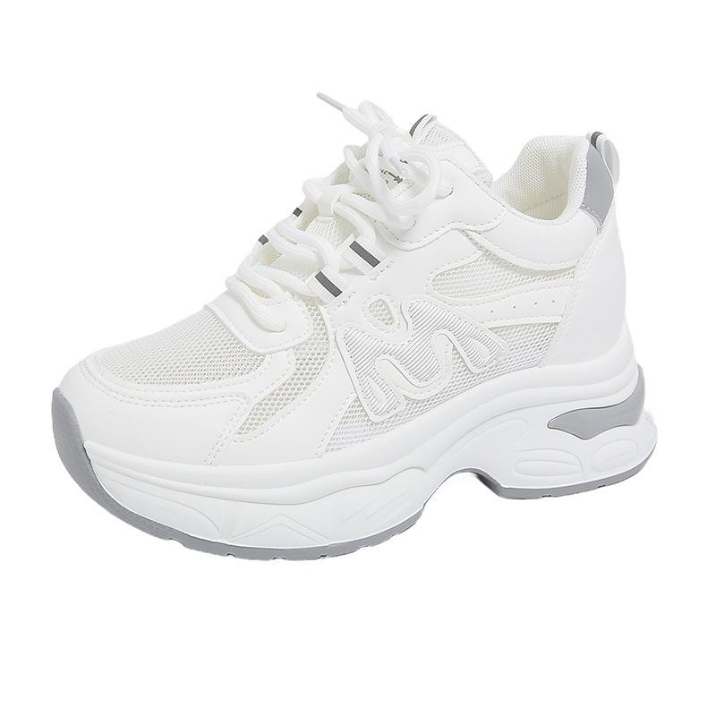 Breathable women's 2025 new summer thin mesh sports little white shoes small thick soles increase in height