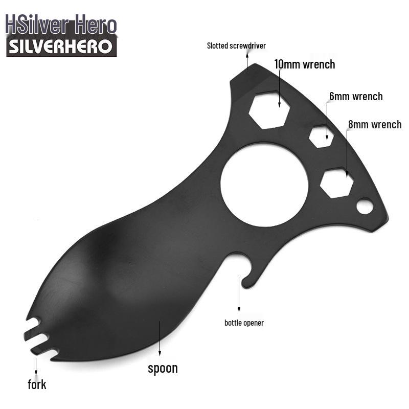 Stainless Steel Multi-functional Camping Spoon Keychain & Bottle Opener Wrench Tool Single Piece