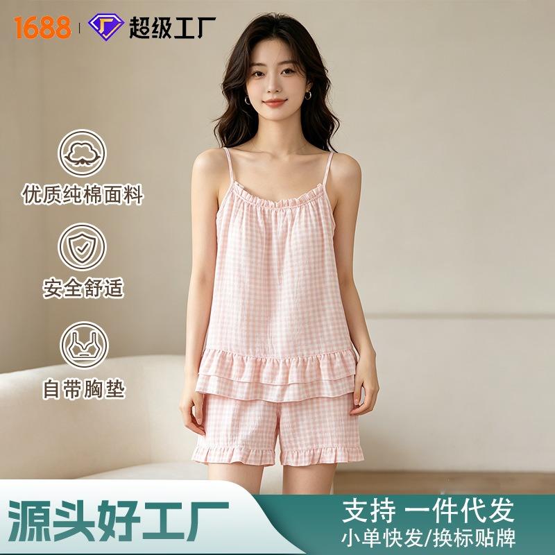 Women 100 Cotton Plaid Camisole Shorts Pajama Set With Chest Pad Summer Homewear