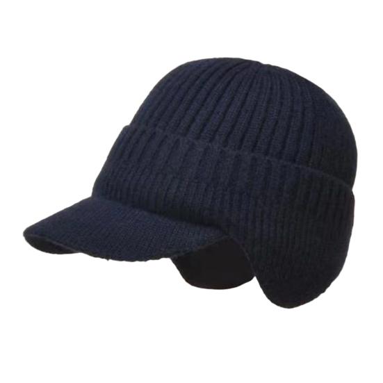 Men Knitted Hat Extended Brim Ear Protection Solid Color Knitting Hat Thickened Plush Lining Winter Warm Hat