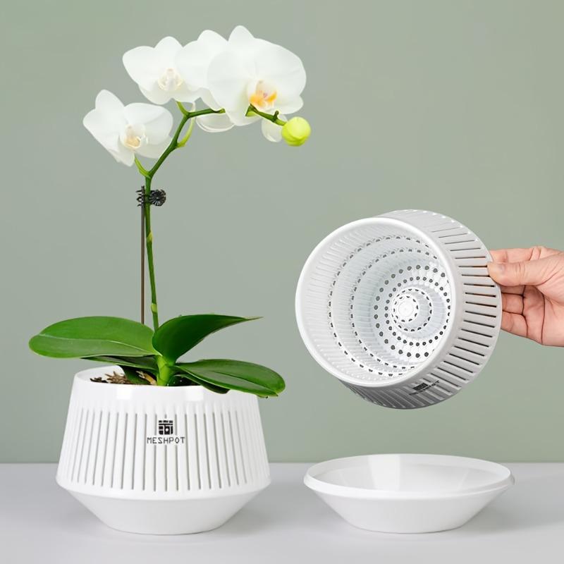1PC 5-Inch breathable and leak-proof orchid pot, 1-piece set, African violet flower pot with hollow trim, PP resin white orchid container with tray