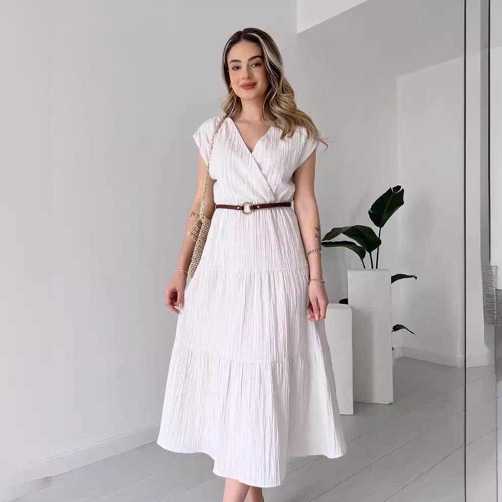 

2024 Summer Women s Solid Color V-Neck Long Slim Dress Extra Large белый
