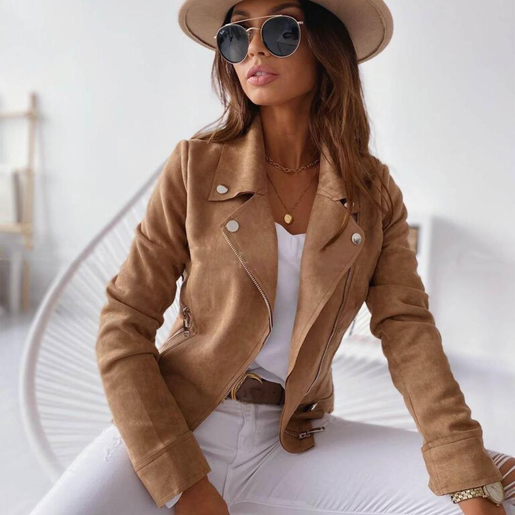 Veste Courte Slim à la Mode pour Femme Revers Fermeture Éclair Haut Hiver Court-Blazer