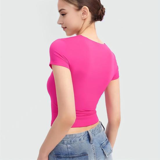 Women Tee Shirt Square Collar Short Sleeve Pullover Tops Slim Fit Solid Color T-shirt
