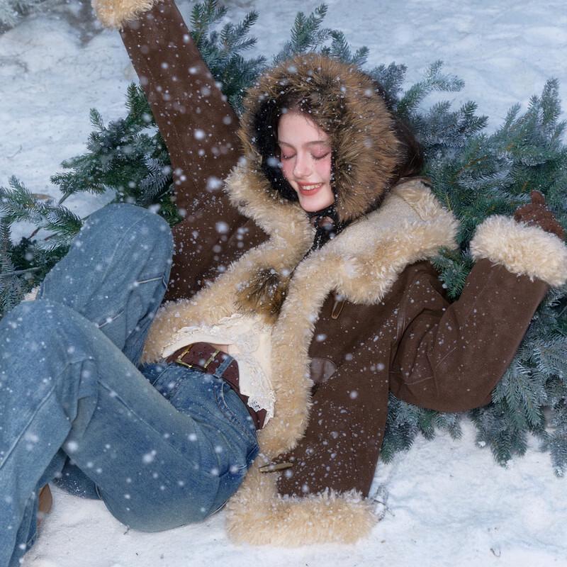 

Sancai 2025 Winter Faux Fur Hooded Coat S