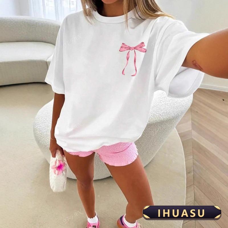 IHUASU אופנה לנשים צווארון עגול שרוול קצר קז'ואל חולצות חולצות אלגנטי