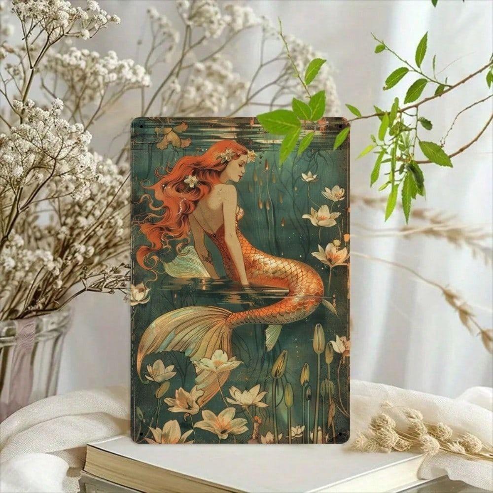 Metal Poster Vintage Mermaid Flower Art 8x12 Inch Wall Decor for Bathroom Living Room