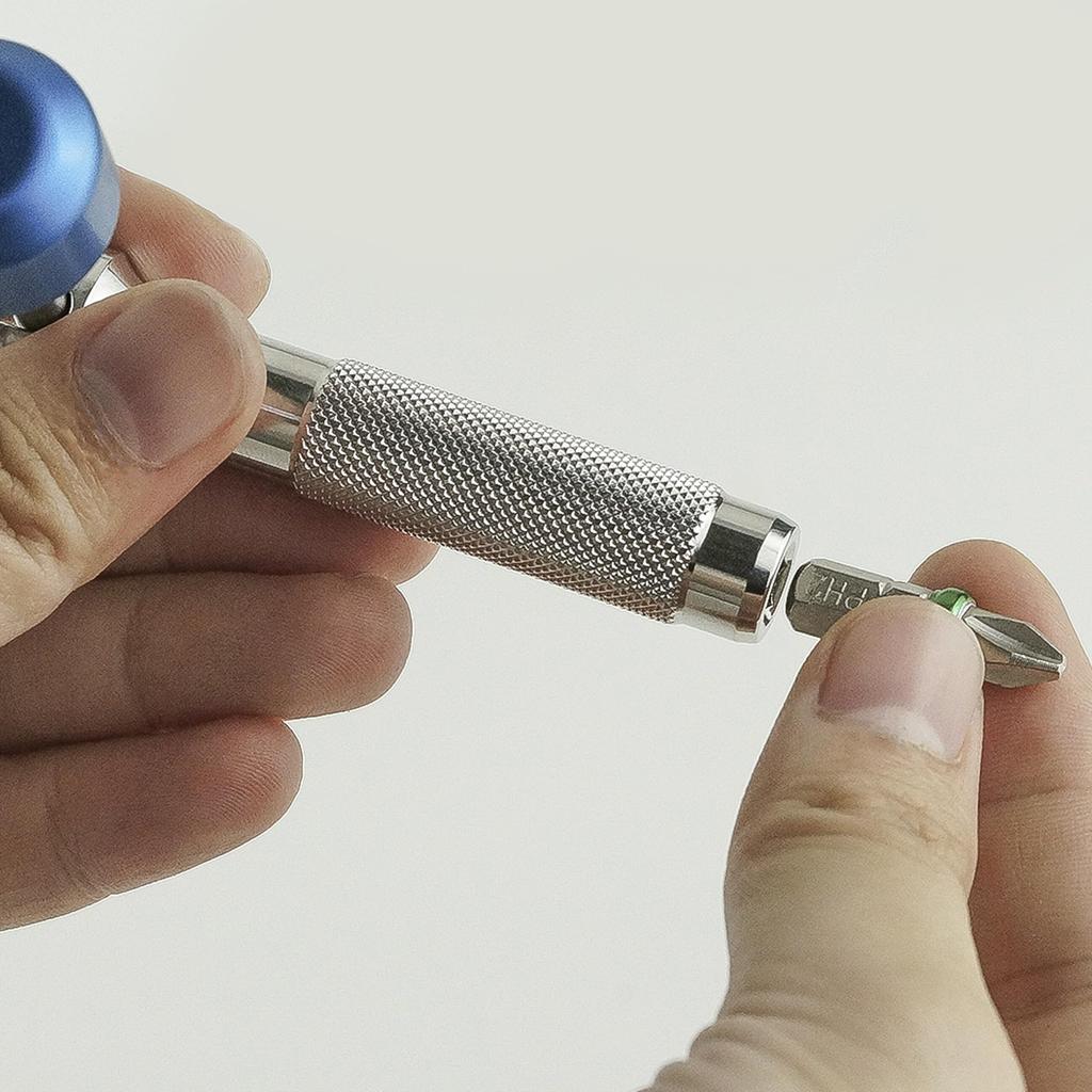 711L Lollipop Bit Driver Pocket EDC Screwdriver with Retractable Lever for Extra Torque Interchangeable Hex Bit Driver Steel - - 1/4" (Stainless Blue)