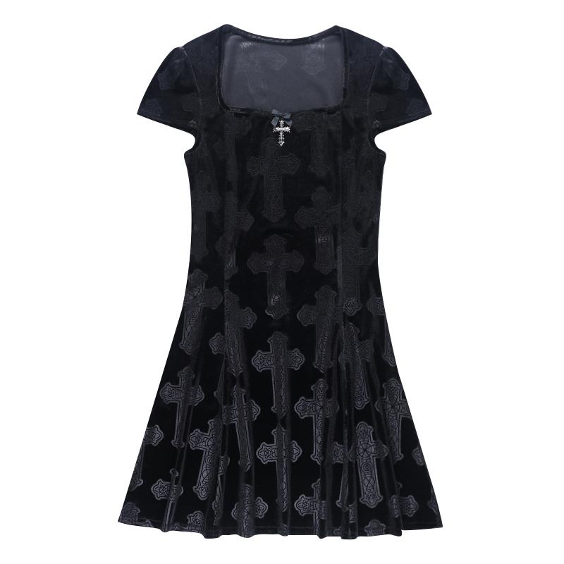 Buy Gothic Black Velvet Cross Dress Aesthetic Punk High Waist Square ...