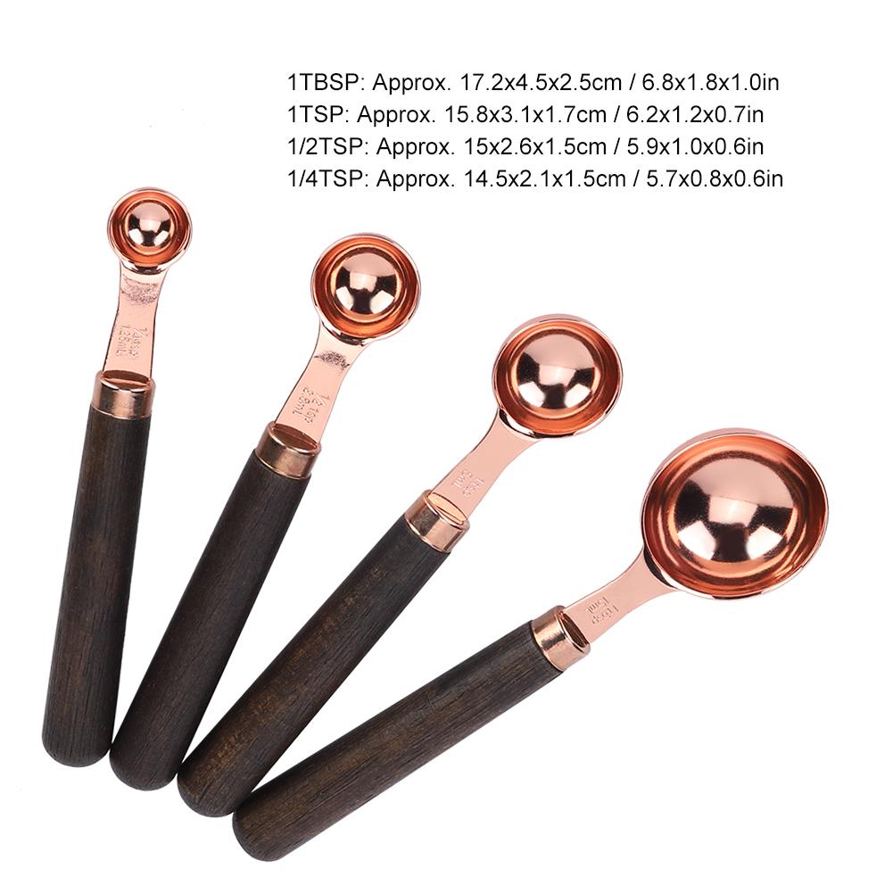 4Pcs/Set Stainless Steel Measuring Spoon Set Rose Gold with Wood Handle Bakeware