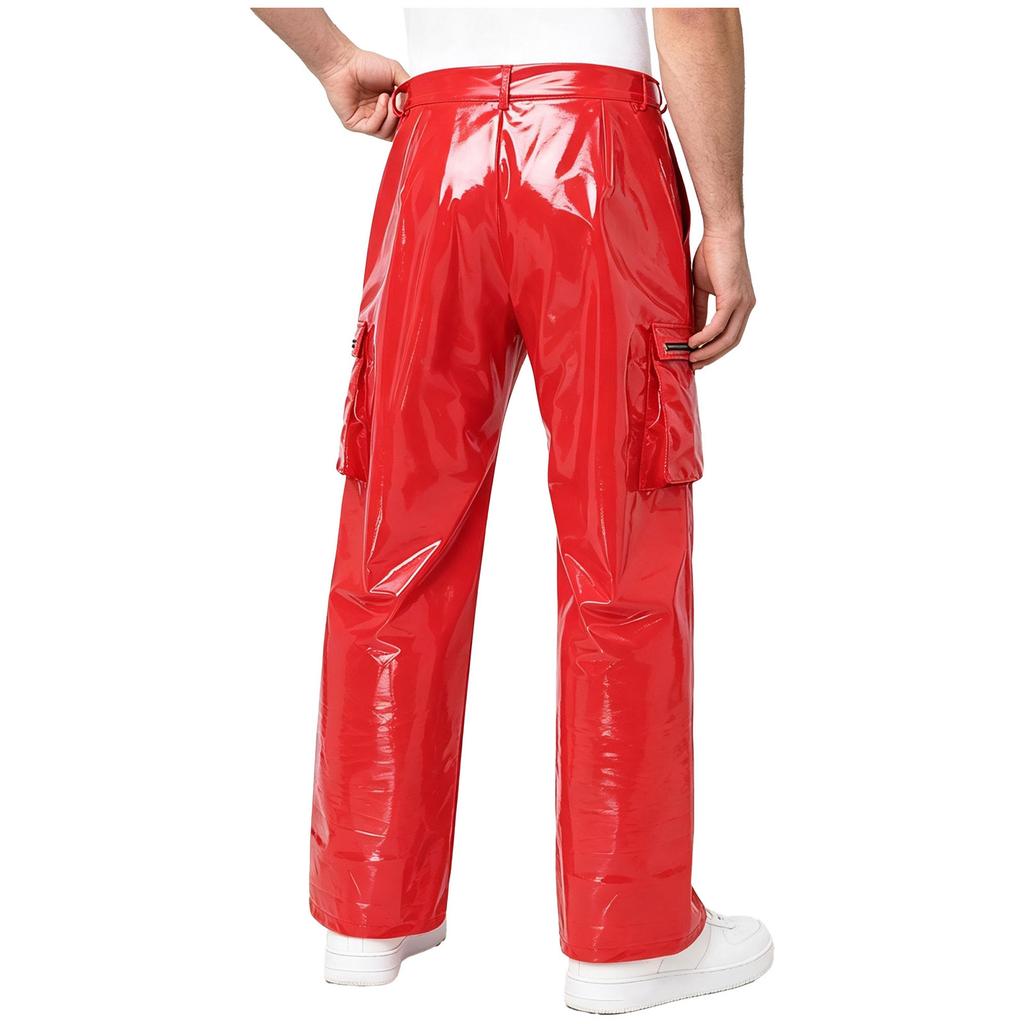 Mens Glossy PU Leather Cargo Pants Multi Pocket Straight Leg Punk Trousers Y2k Streetwear