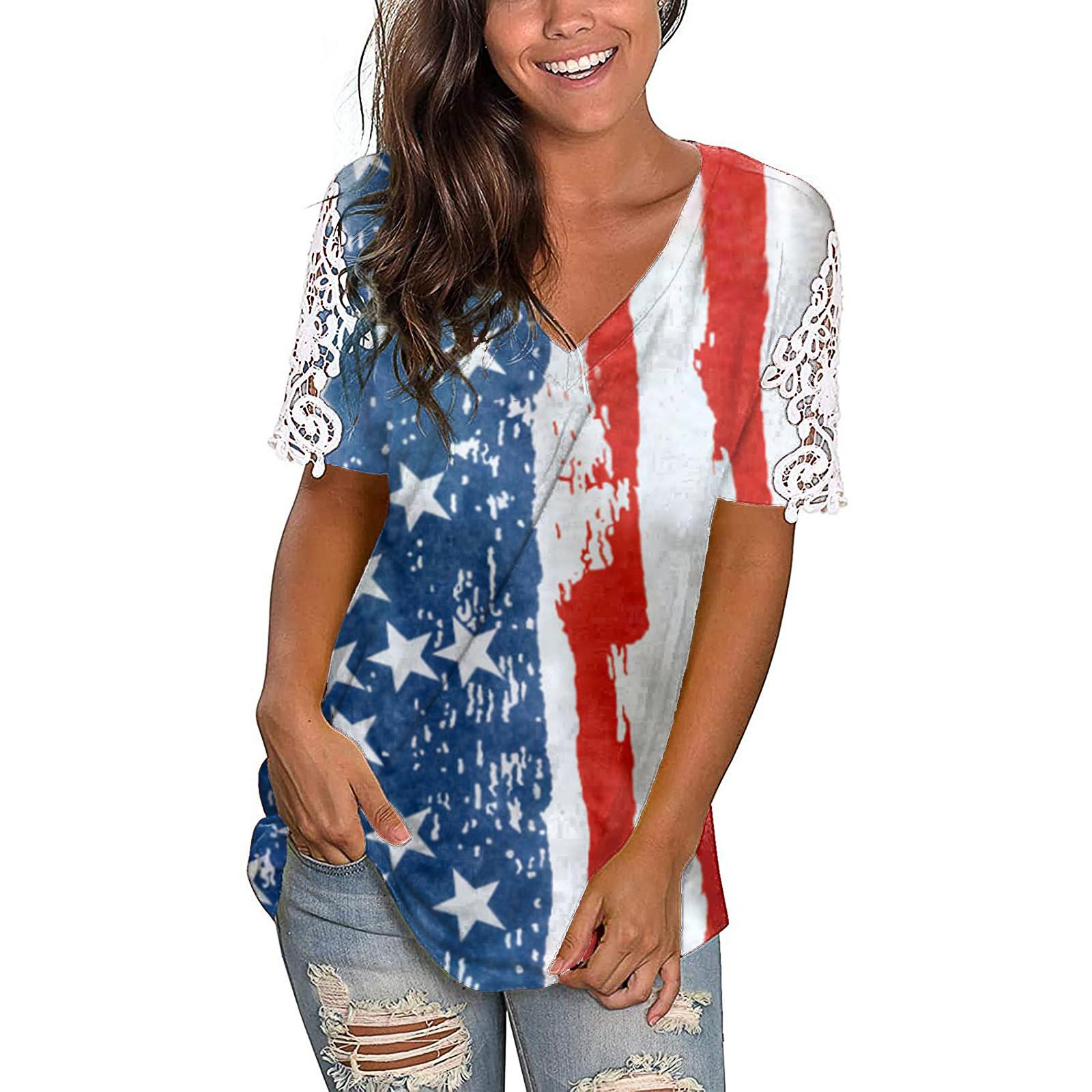 

Women s Fashion Letter Button Lace Decorate Short Sleeve Casual Loose Top L синій