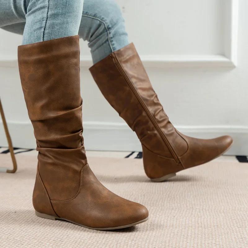 Women'S Riding Boots Fashion Plus Size Soft Leather Zipper Knee High Boot Slip On Ladies Thigh High Knight Flat Shoes Autumn New