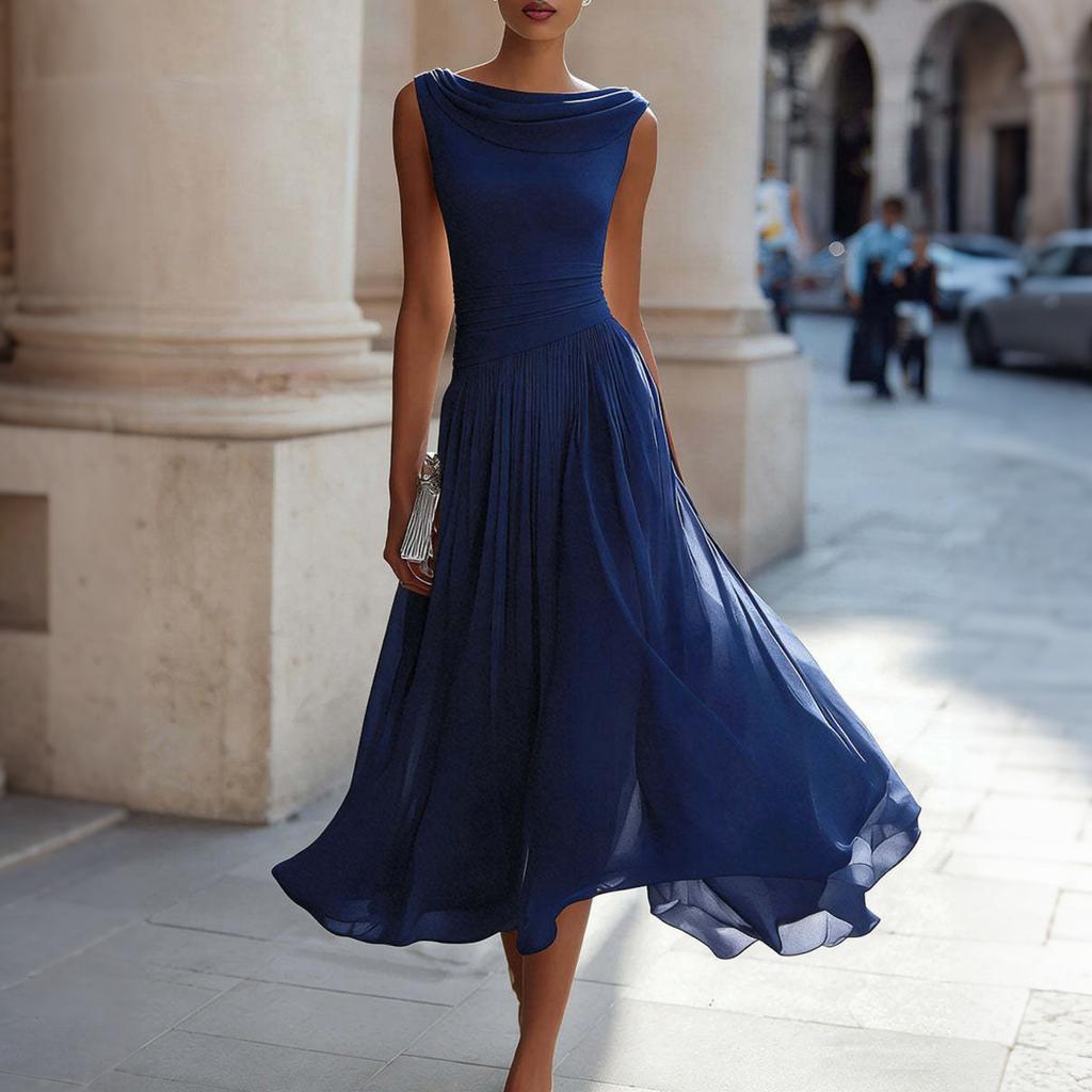 Women’s Sleeveless Cowl Neck Midi Dress Elegant Solid Design Flowy A-Line Suitable for Vacation and Daily Wear