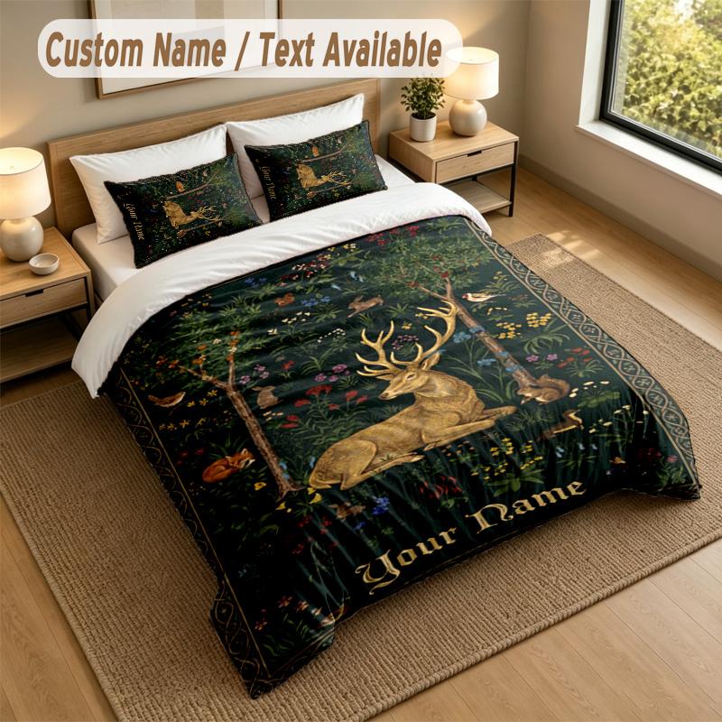 Deer Theme Personalized 3Pcs Bedding Set Custom Text & Name 1 Sheet 2 Pillowcases Household Bedding 1pc