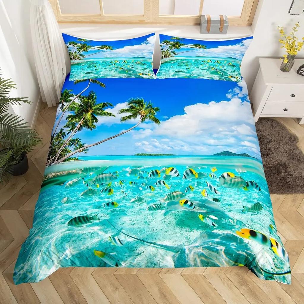 2/3pcs Fish Duvet Cover Set Ocean Bedding Sets 3D Printed Underwater World With Shark Dolphin Coral Reef Pattern Quilt Cover Set