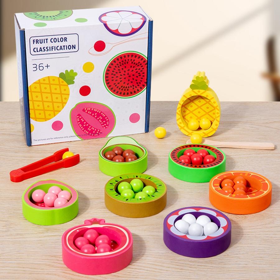 1Set Montessori Wooden Toys Color Sorting Fruit Matching Beads Early Education Puzzle Fine Motor Skills Training for Kids