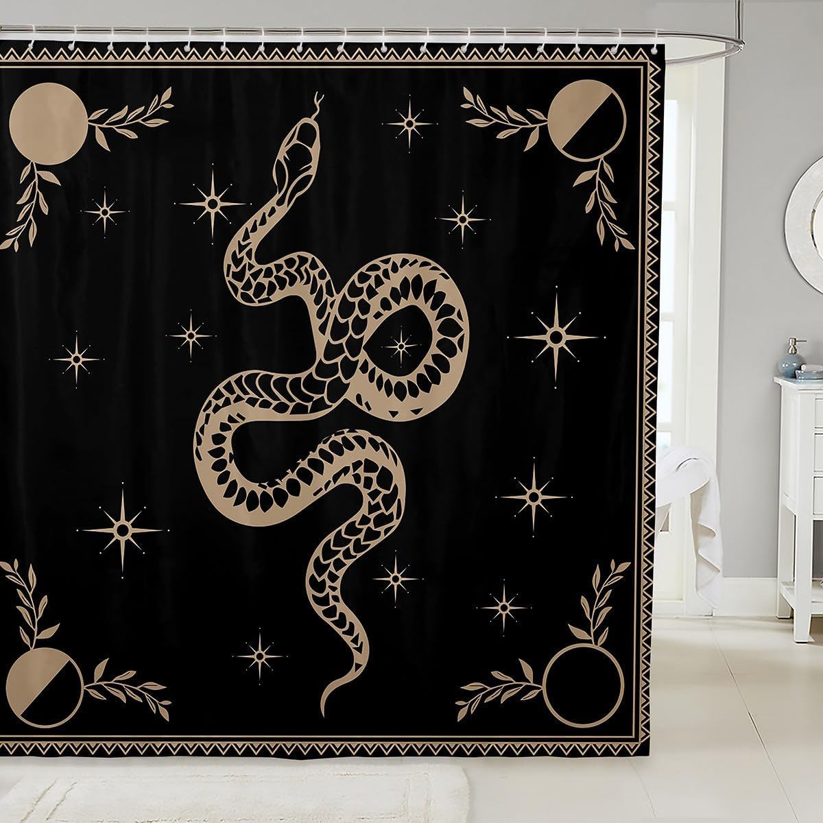 

Castle Fairy Snake Shower Curtain Boho Sun And Moon Starry Sky Galaxy Kids Adult Black And Brown Room Decor Hooks W60H190(CM)-1 Pcs