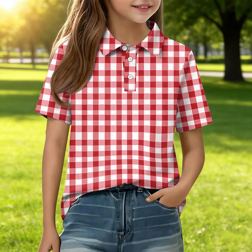 Short Sleeve Plaid Polo Shirt for Girls Classic Pattern Button Front Casual Blouse for Kids Teens
