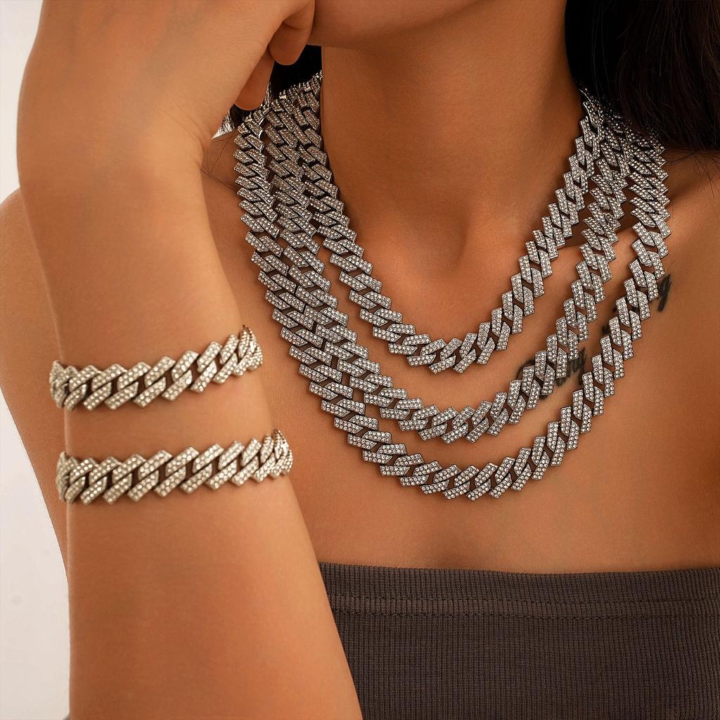 Exaggerated Personality Punk Cuban Chain Alloy Rhinestone Necklace Bracelet Direct Sales
